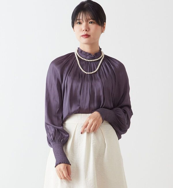 TIARA「《定番》ヴィンテージサテン2WAYフリルネックブラウス」|シャツ・ブラウス|ネイビー