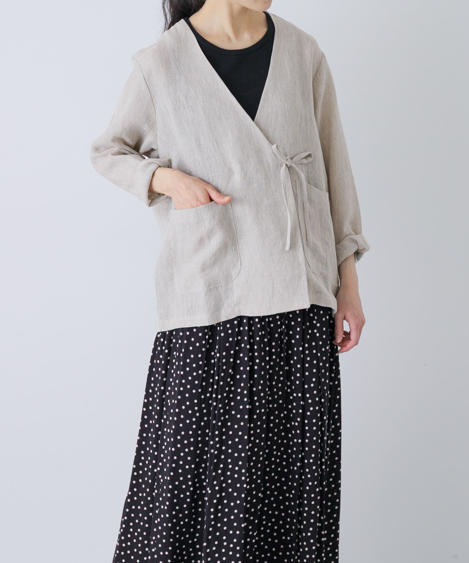 かぐれ「リネンカシュクールカーディガンジャケット」|ノーカラージャケット|ナチュラル