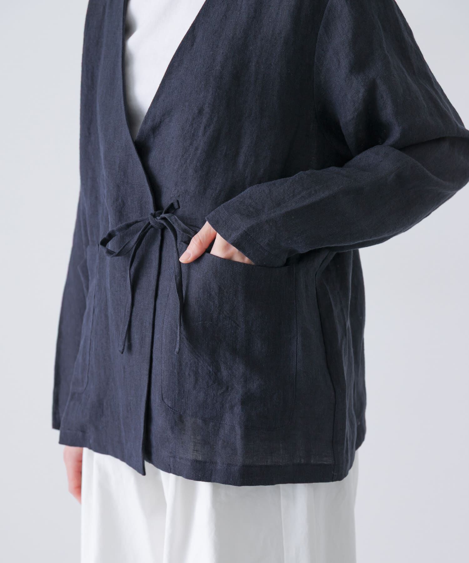 かぐれ「リネンカシュクールカーディガンジャケット」|ノーカラージャケット|