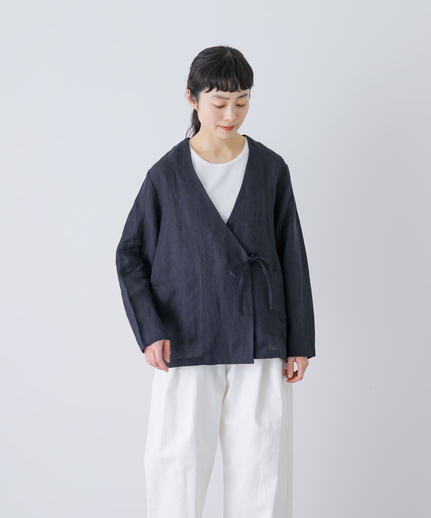 かぐれ「リネンカシュクールカーディガンジャケット」|ノーカラージャケット|