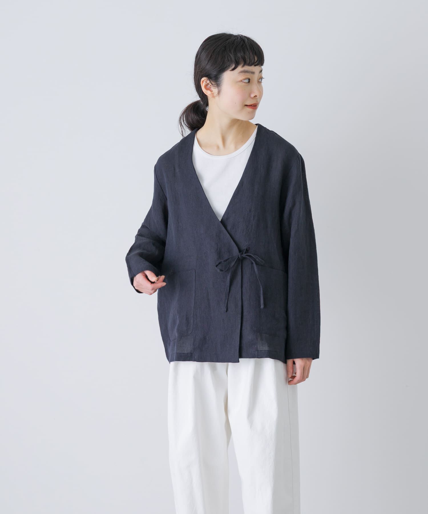 かぐれ「リネンカシュクールカーディガンジャケット」|ノーカラージャケット|
