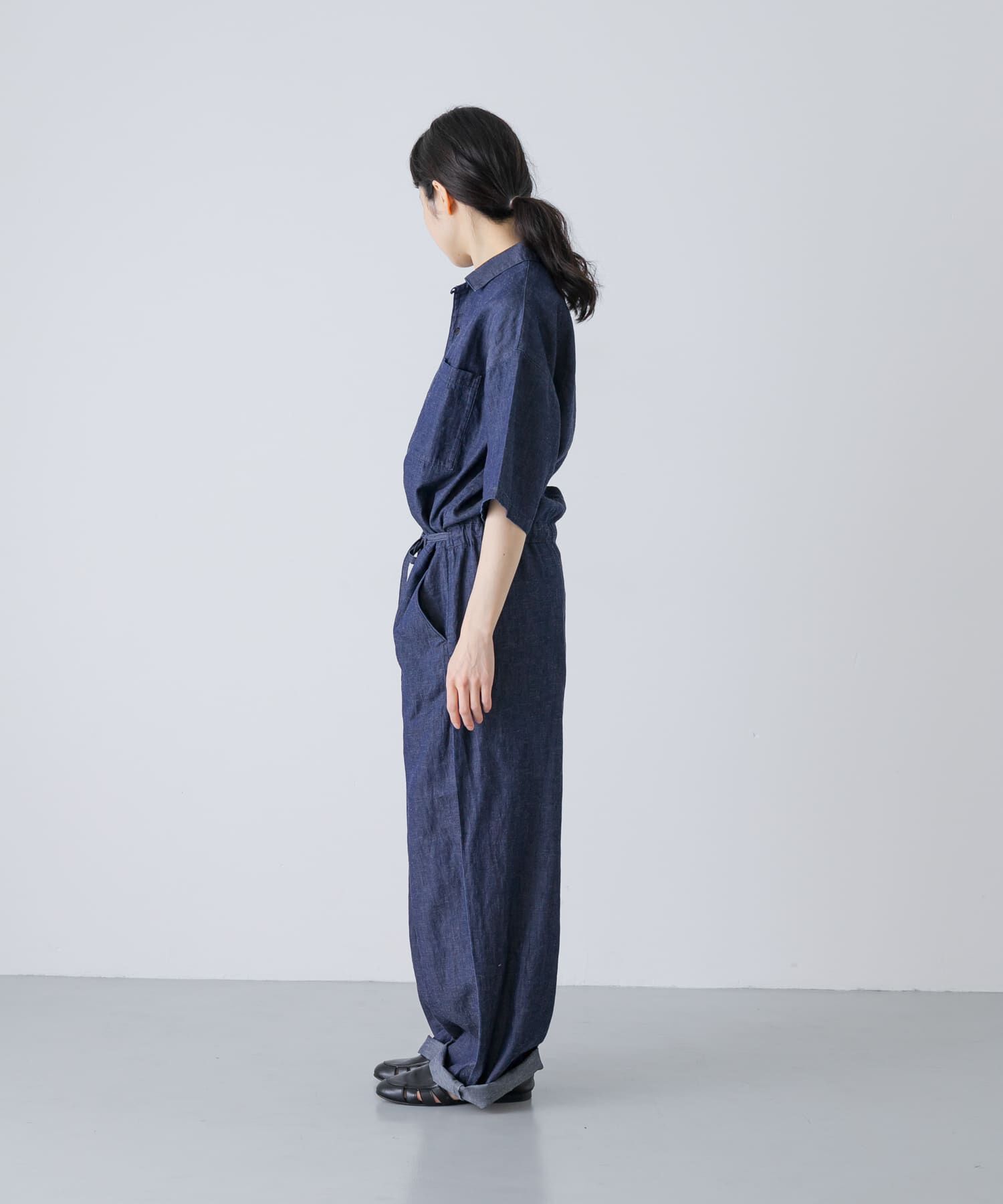 かぐれ「綿麻デニムハーフスリーブオールインワン」|オールインワン|