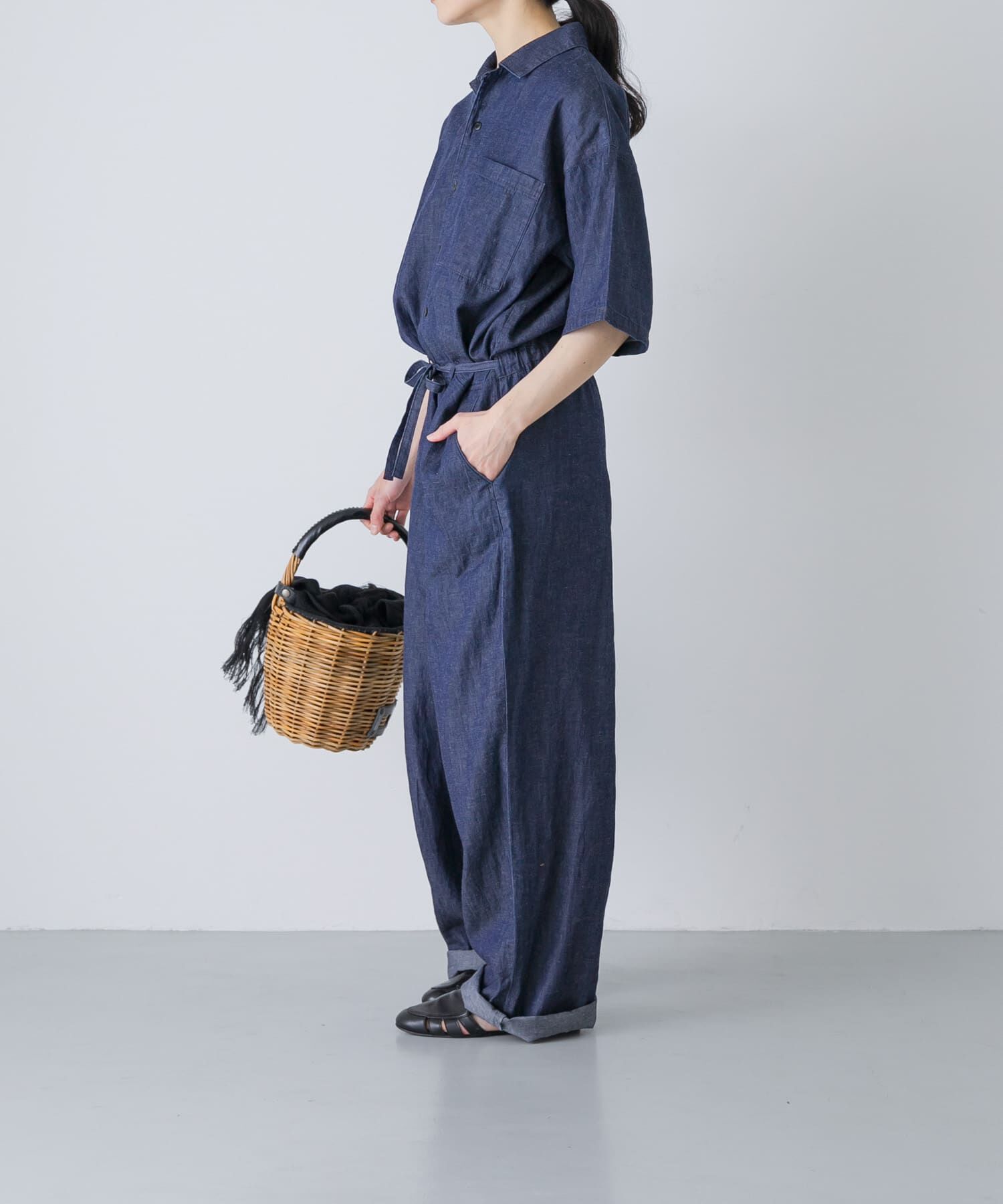 かぐれ「綿麻デニムハーフスリーブオールインワン」|オールインワン|