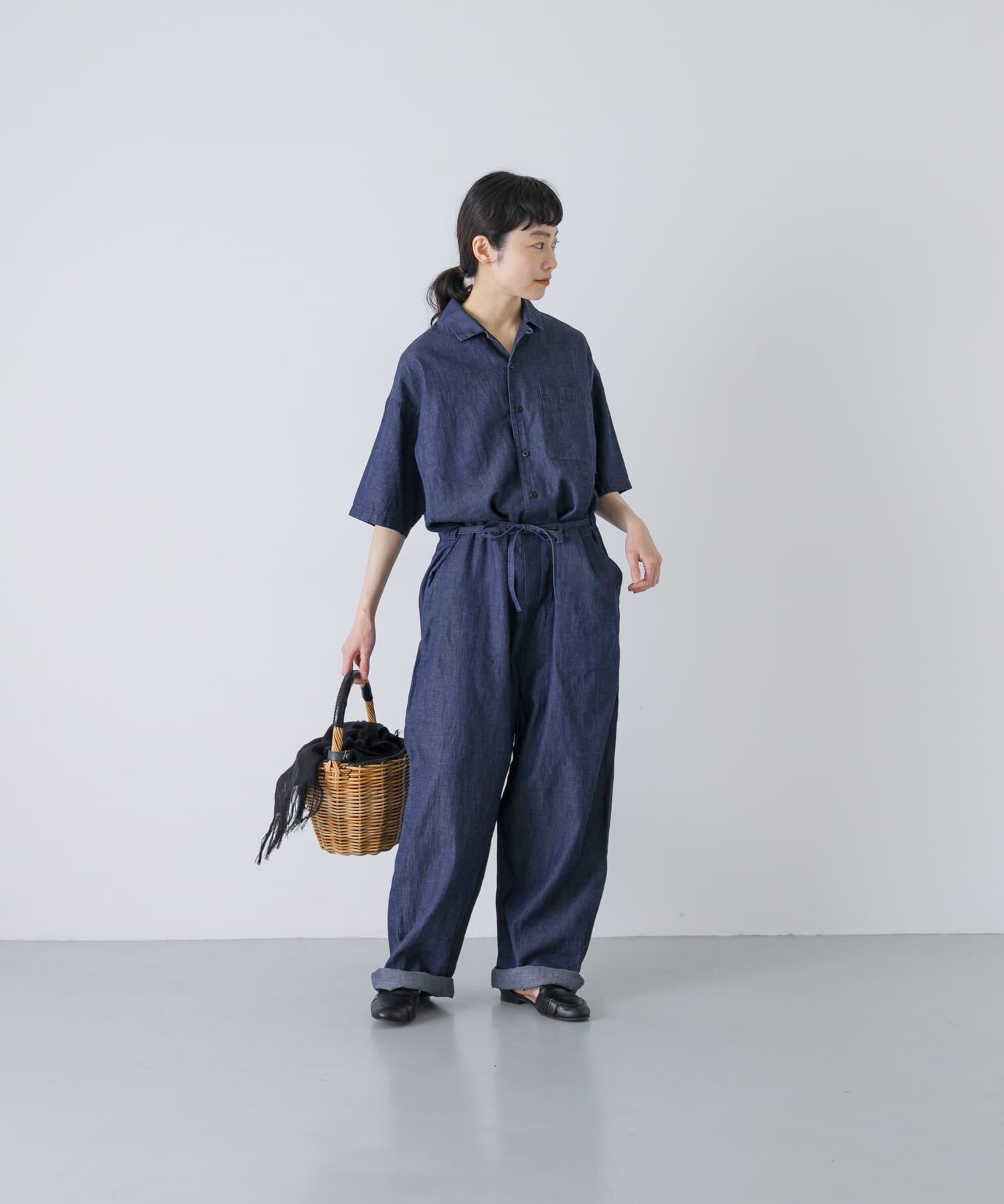 かぐれ「綿麻デニムハーフスリーブオールインワン」|オールインワン|