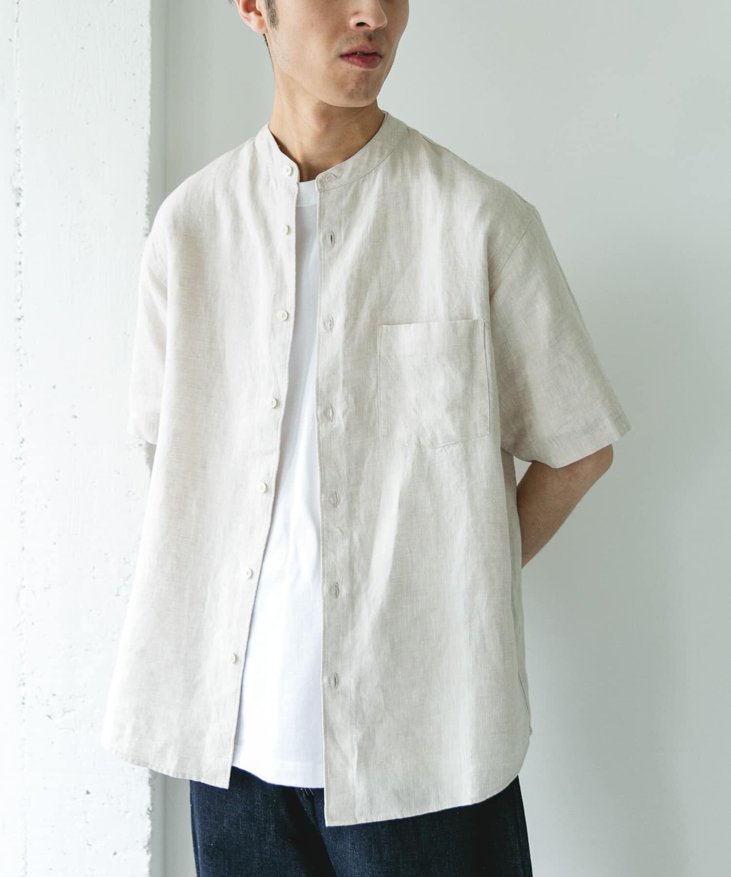 URBAN RESEARCH DOORS「シルケットリネン バンドカラーショートスリーブシャツ」|シャツ・ブラウス|