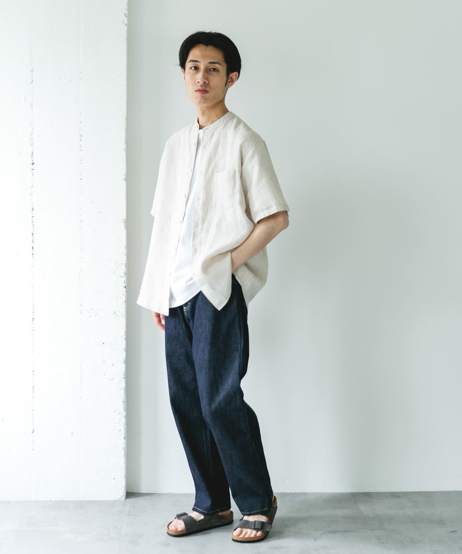 URBAN RESEARCH DOORS「シルケットリネン バンドカラーショートスリーブシャツ」|シャツ・ブラウス|