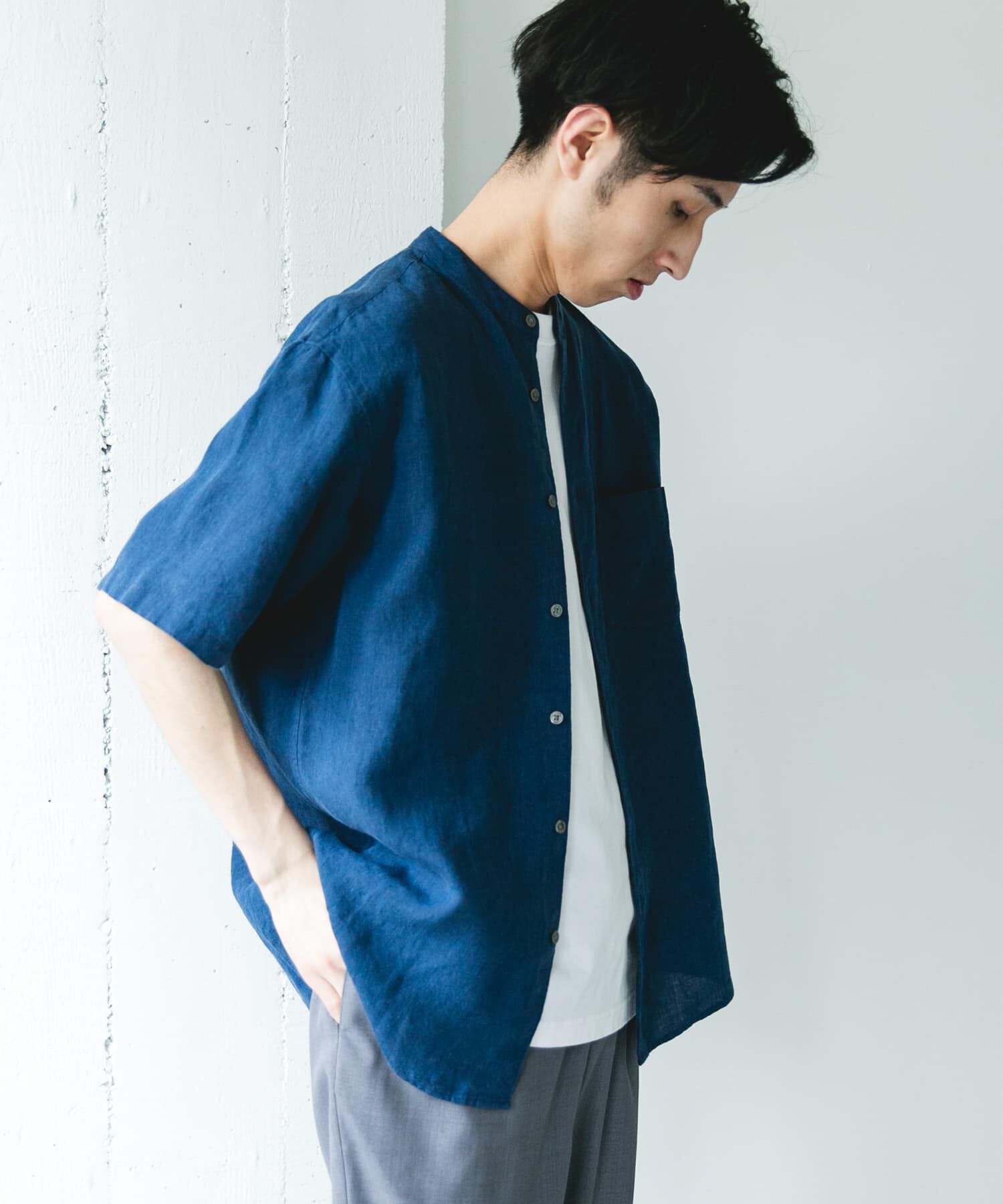 URBAN RESEARCH DOORS「シルケットリネン バンドカラーショートスリーブシャツ」|シャツ・ブラウス|