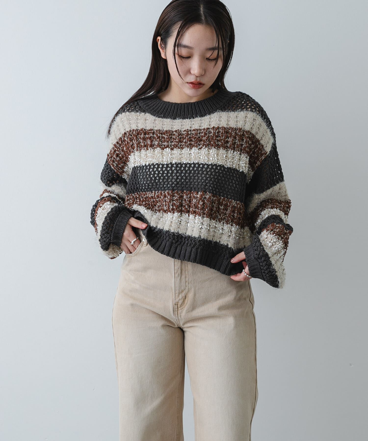 SENSE OF PLACE by URBAN RESEARCH「『洗濯可』ミックスヤーンワイドボーダーニット」|ニット・セーター|ブラック系その他