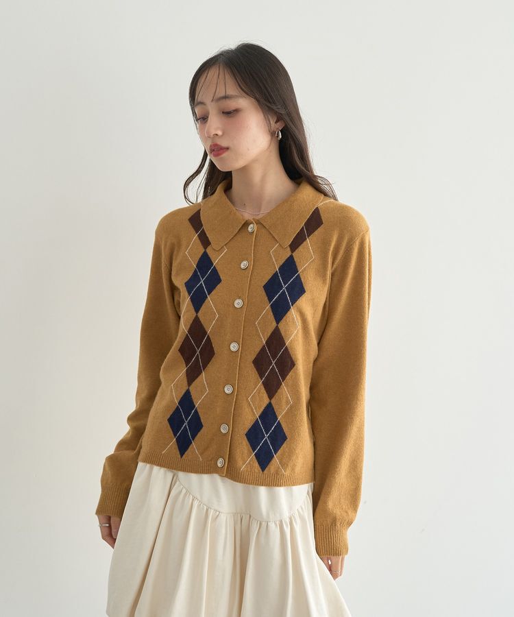 earth music&ecology「襟付きアーガイルニットカーディガン」|カーディガン|