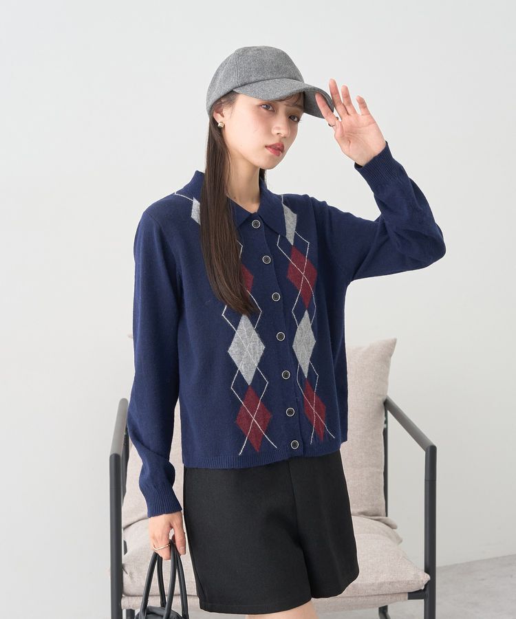 earth music&ecology「襟付きアーガイルニットカーディガン」|カーディガン|