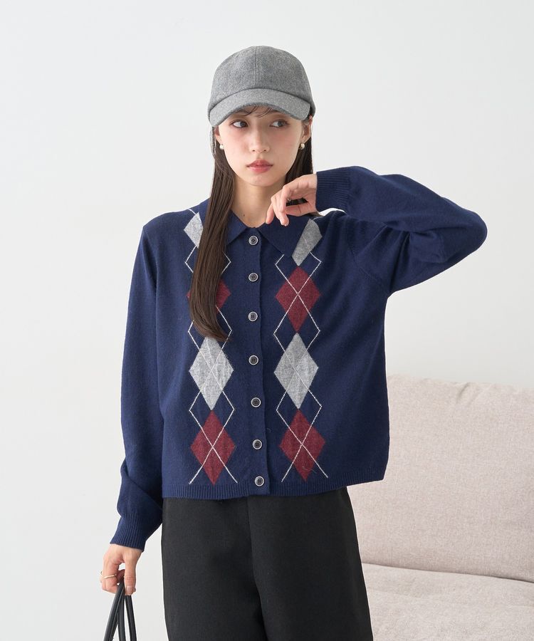 earth music&ecology「襟付きアーガイルニットカーディガン」|カーディガン|