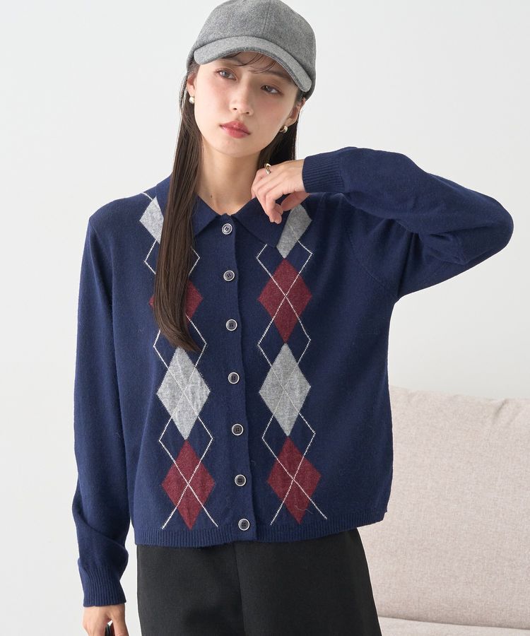 earth music&ecology「襟付きアーガイルニットカーディガン」|カーディガン|Navy
