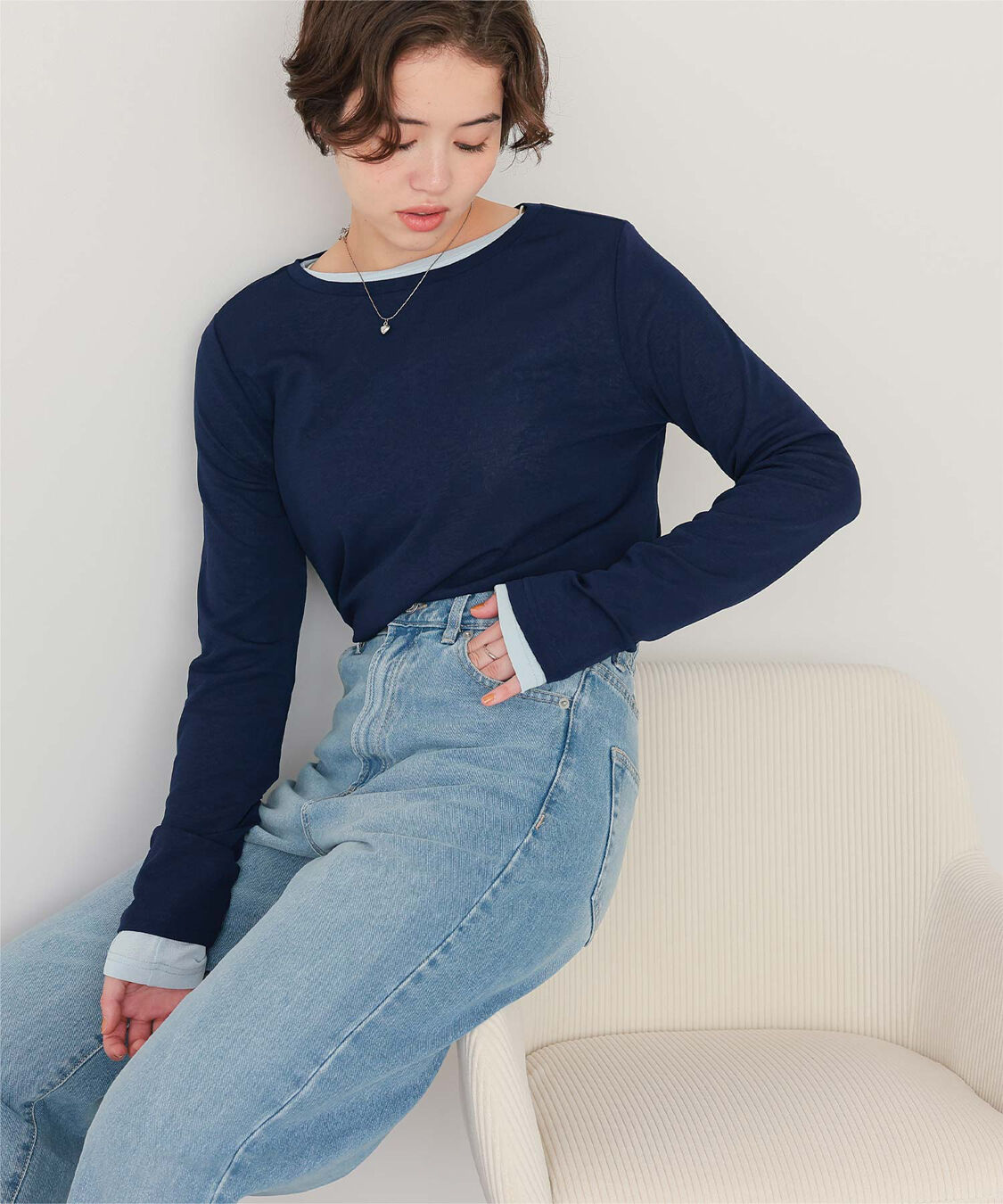 titivate「シアーカットソーロングスリーブトップス」|Tシャツ・カットソー|ネイビー