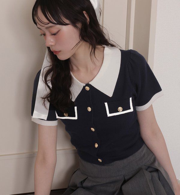  「金ボタン配色衿ニットトップス」|ニット・セーター|