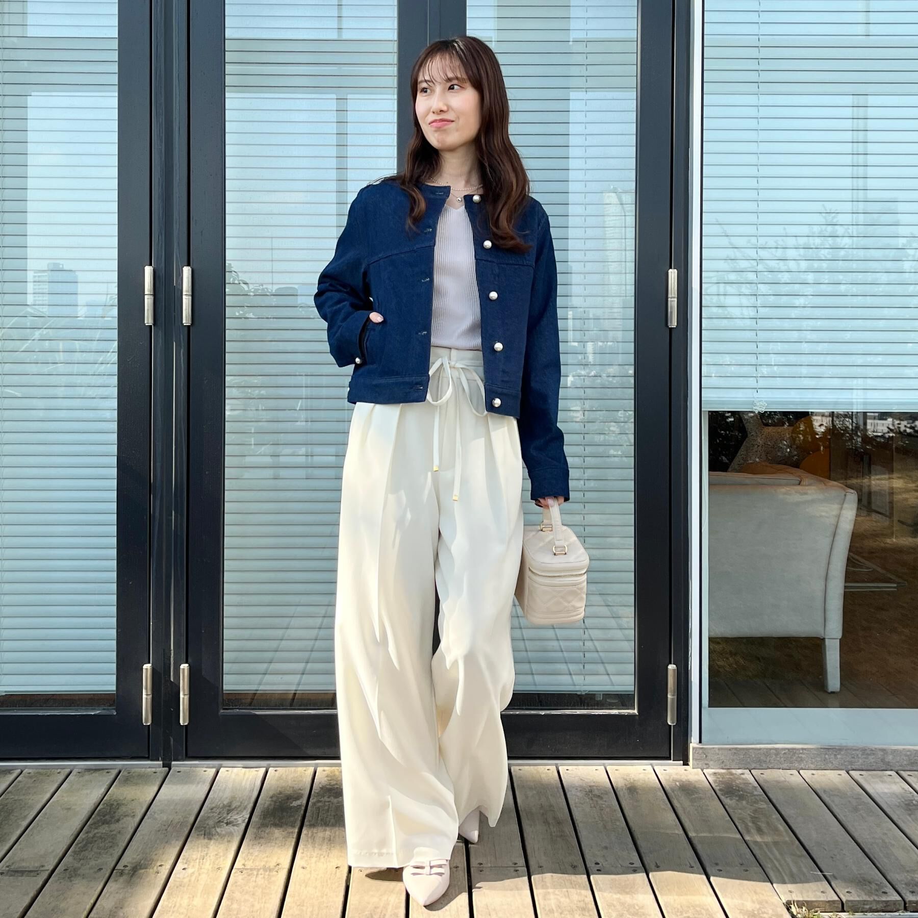 Couture broach「【洗える・綿100％】パール調ボタン デニムジャケット」|デニムジャケット|