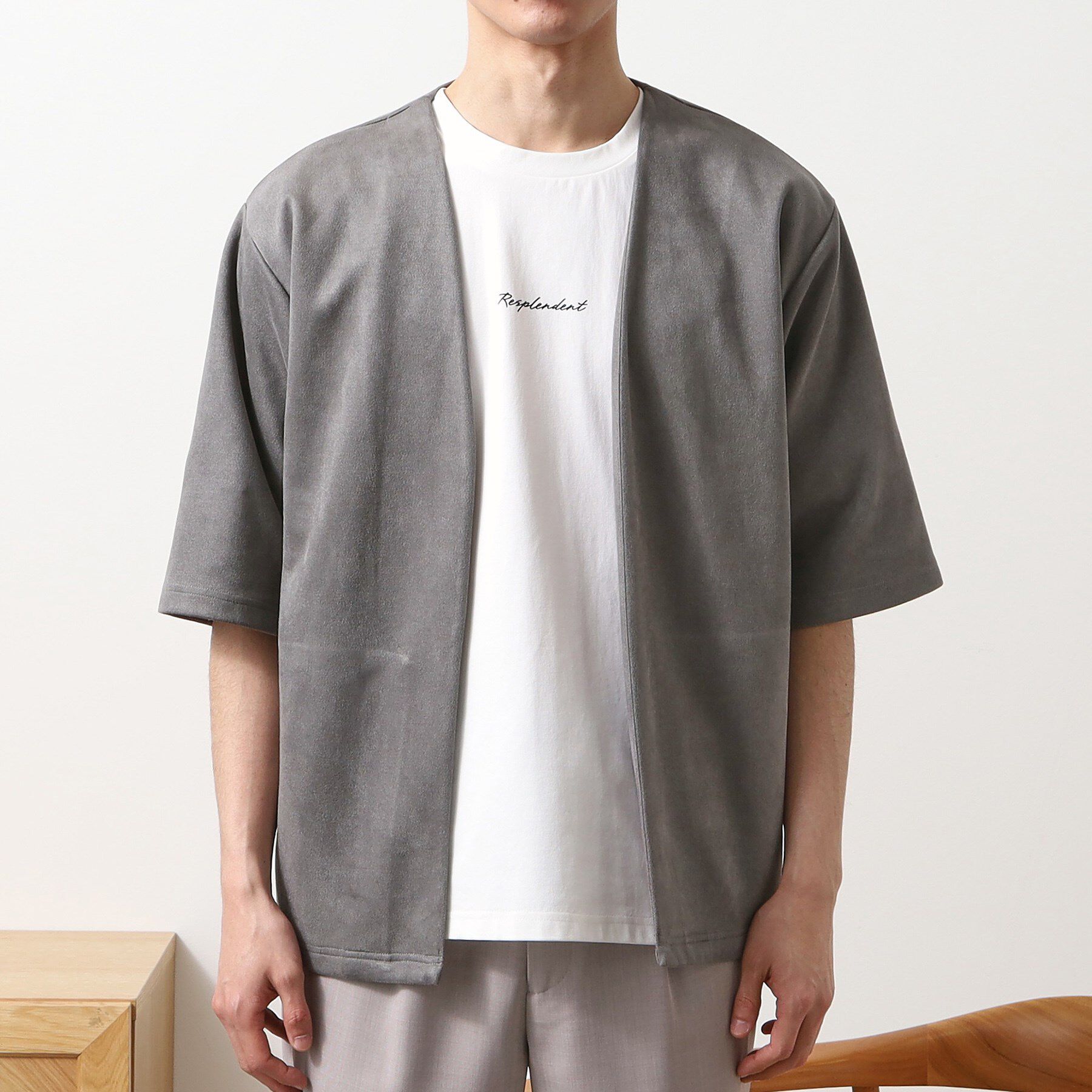 THE SHOP TK「フェイクスウェードアンサンブルカーディガン【五分袖カーディガン＋半袖Tシャツセットアイテム】」|カーディガン|