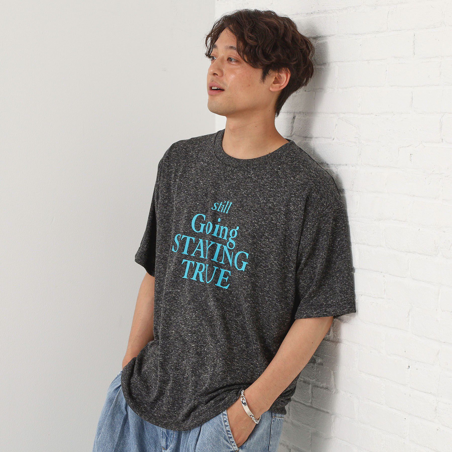 THE SHOP TK「ポリ麻プリント半袖Tシャツ【洗濯機OK】」|Tシャツ・カットソー|ブラック(019)
