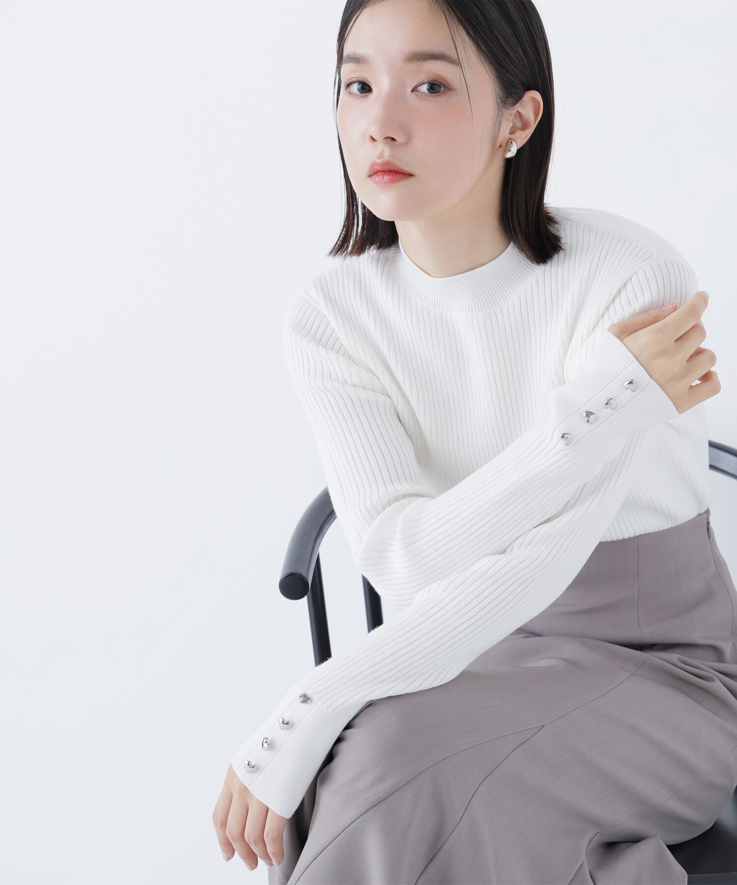  「ハートボタンカフスニット」|ニット・セーター|オフホワイト1