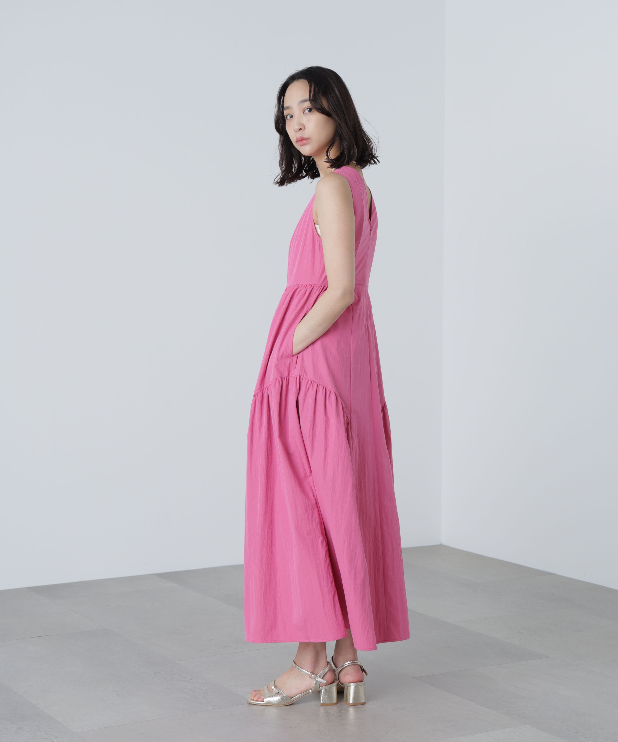  「タイプライターギャザーマキシワンピース」|ワンピース|ピンク