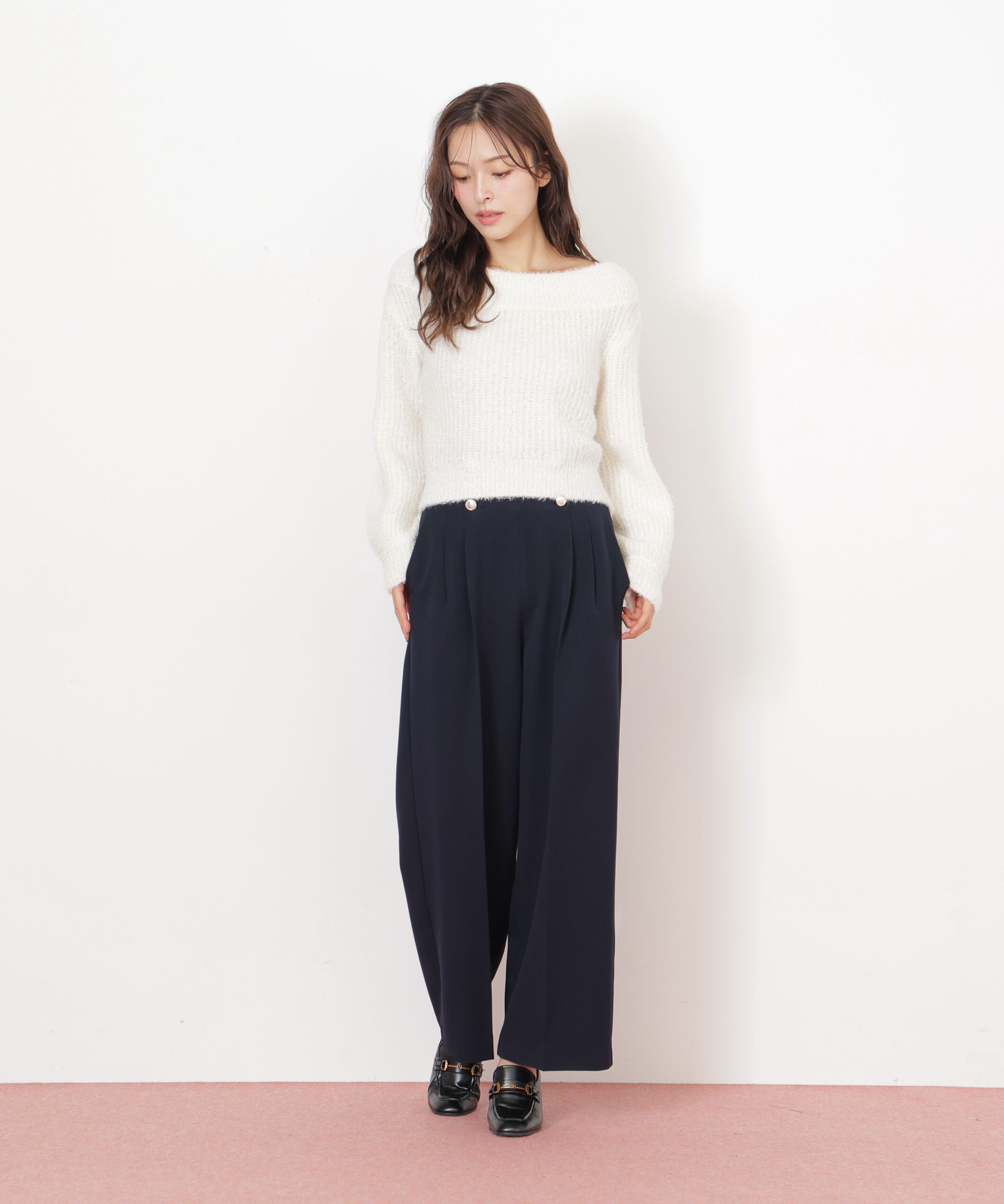  「フィルムラメオフショルニット」|ニット・セーター|