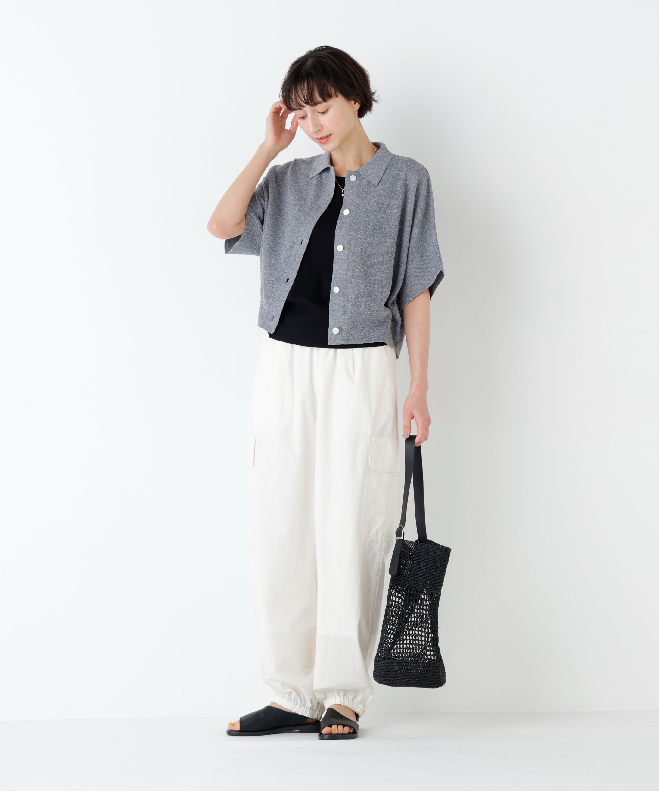  「麻混ワッフル柄ポロカーディガン」|ニット・セーター|