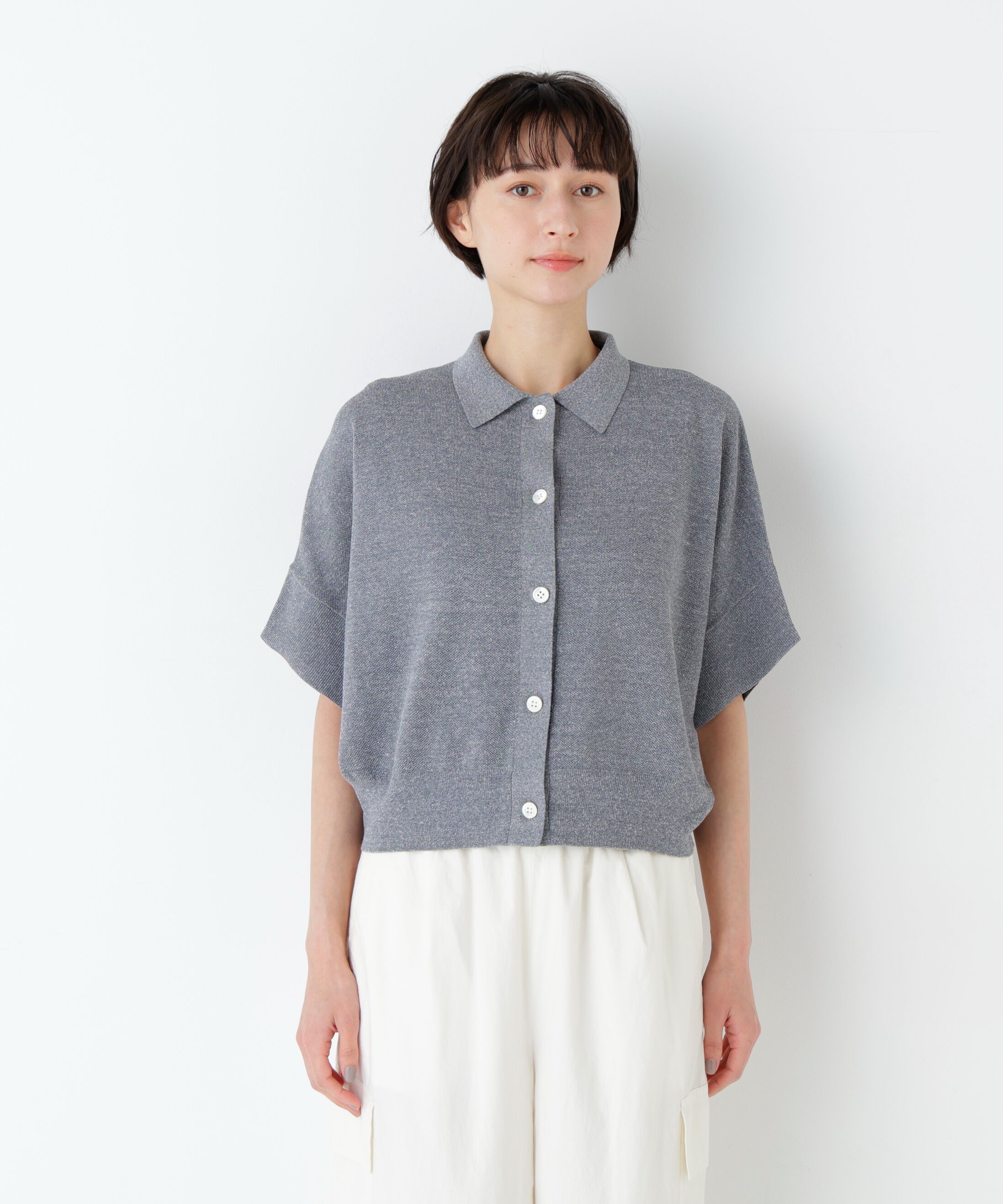  「麻混ワッフル柄ポロカーディガン」|ニット・セーター|