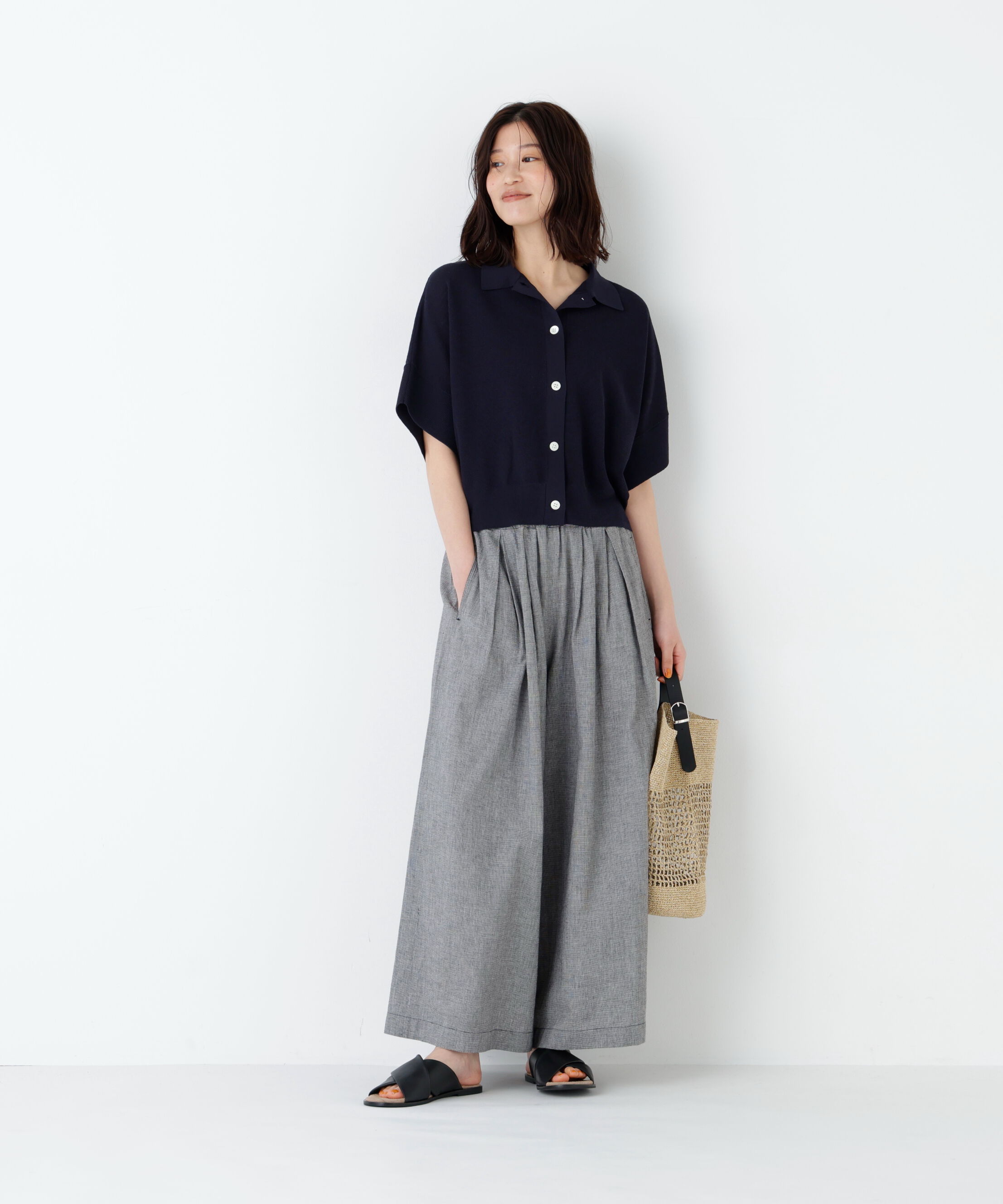  「麻混ワッフル柄ポロカーディガン」|ニット・セーター|