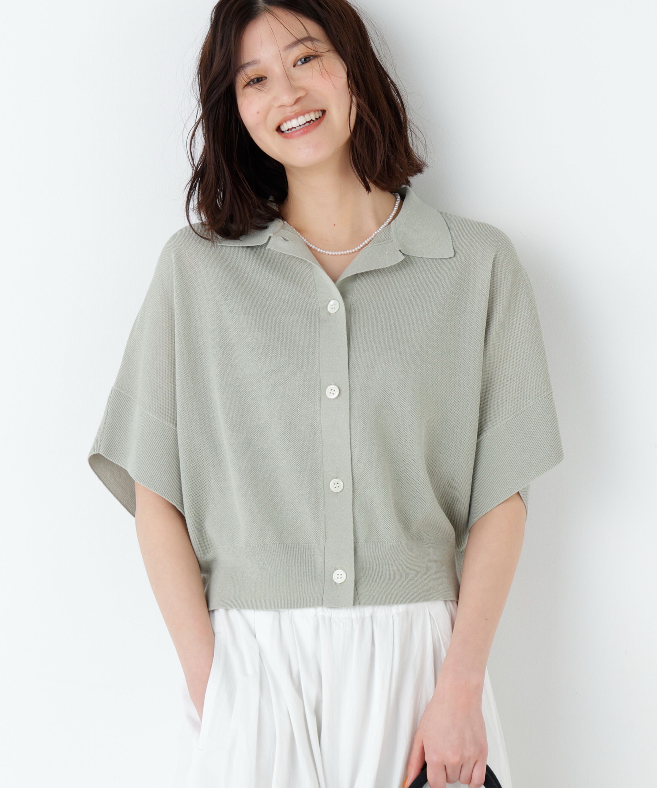  「麻混ワッフル柄ポロカーディガン」|ニット・セーター|