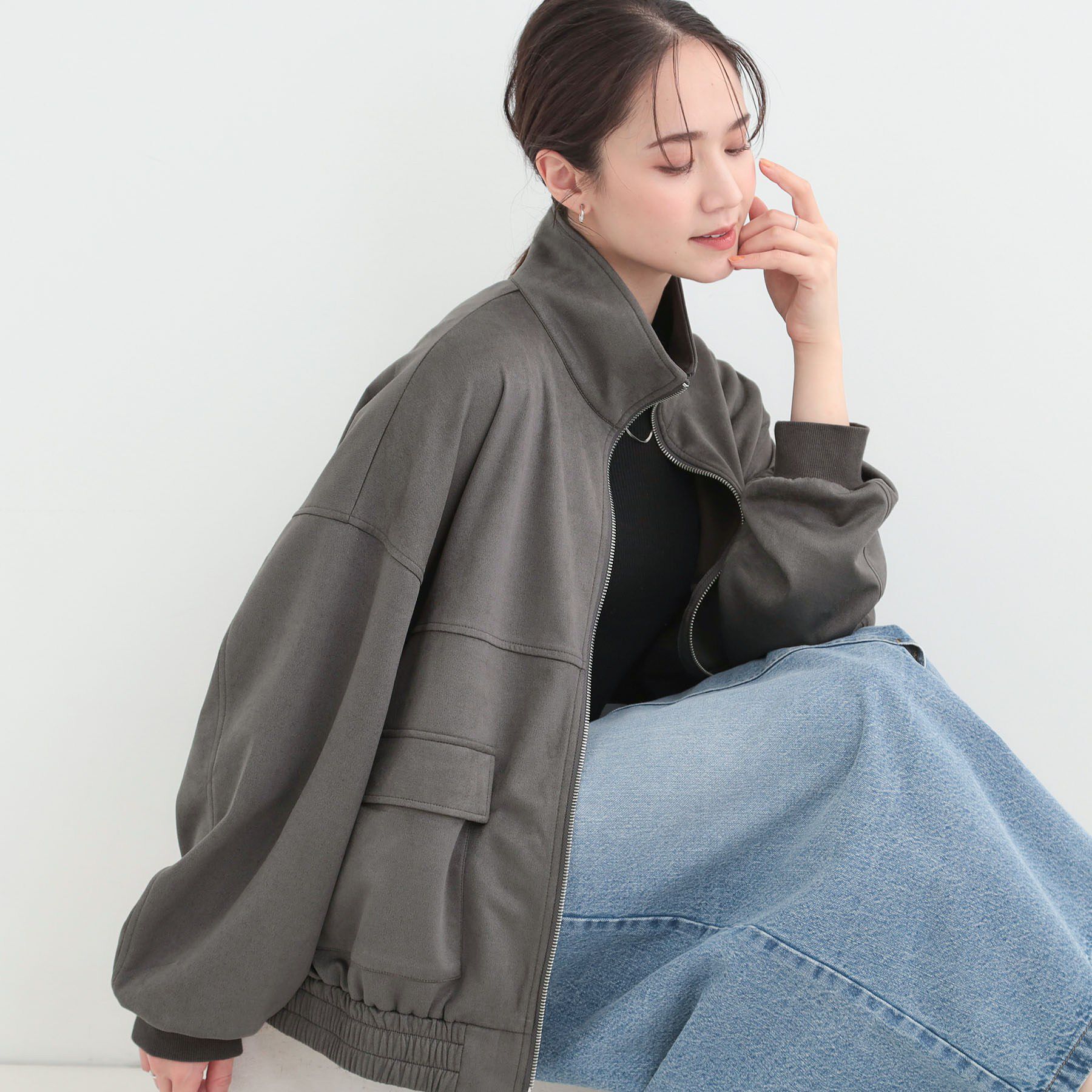 SHOO･LA･RUE「とろける手触り　カットスエードスタンドブルゾン」|ブルゾン・スタジャン|チャコールグレー(0