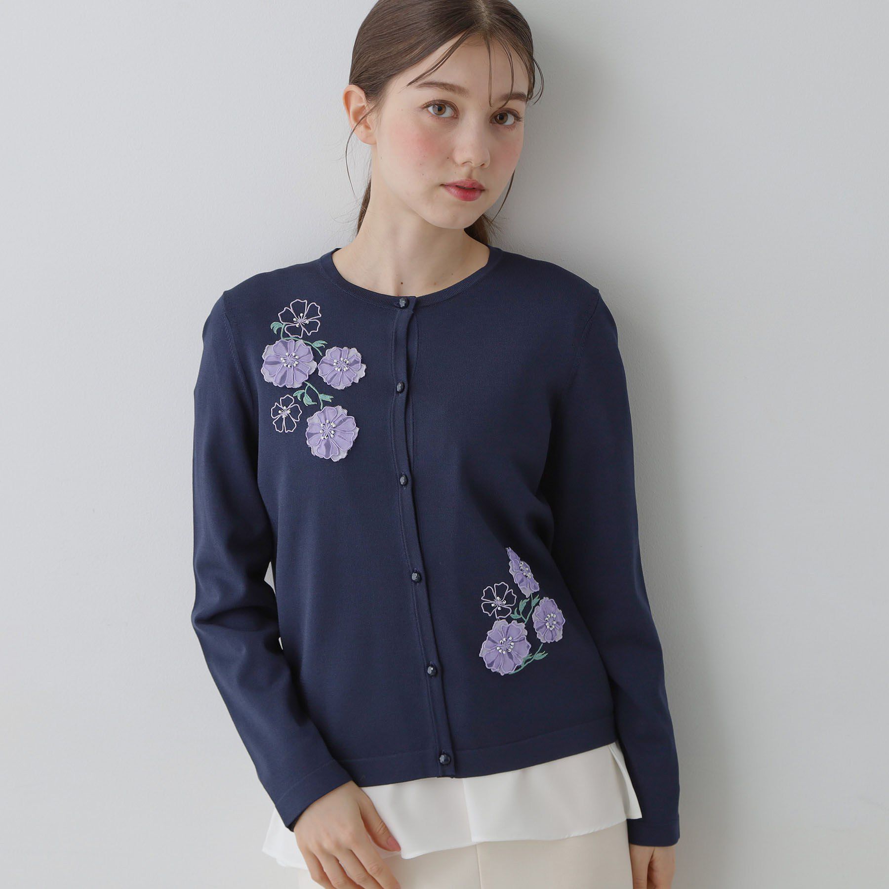 SunaUna「【SS～Lサイズ展開／フラワー刺繍】クラフトニット」|カーディガン|ネイビー(094)