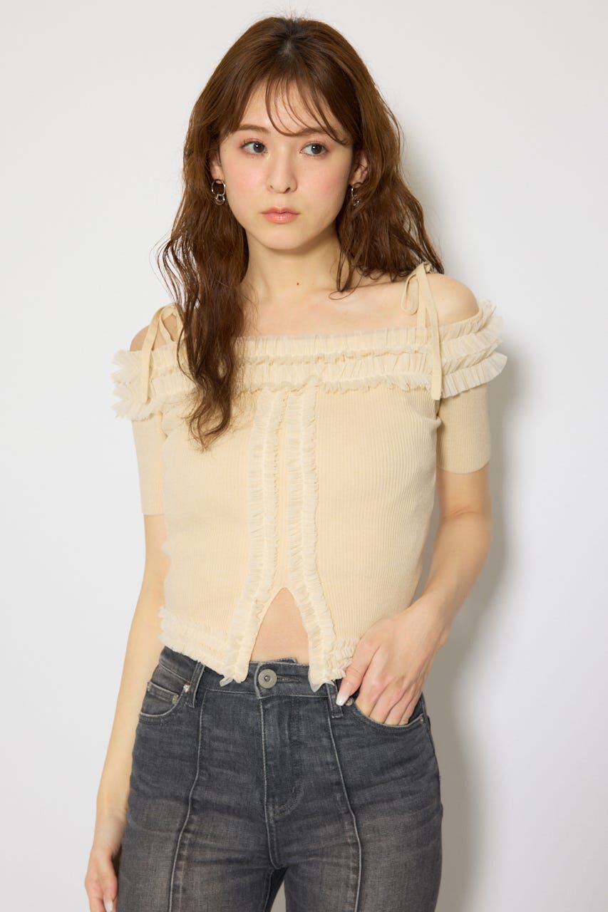 rienda「オフショルフリルニットトップス」|ニット・セーター|L/YEL1