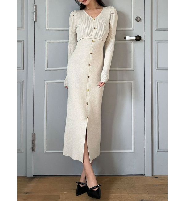 RESEXXY「ゴールドボタンタイトニットワンピース」|ワンピース|アイボリー