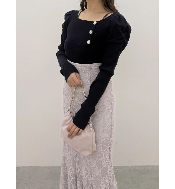 MERCURYDUO「サイドビジューボタンパフスリーブニット」|ニット・セーター|