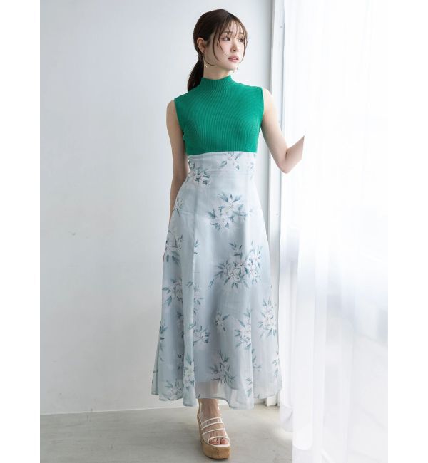 MERCURYDUO「花柄ドッキングバックレースアップワンピース」|ワンピース|グリーン