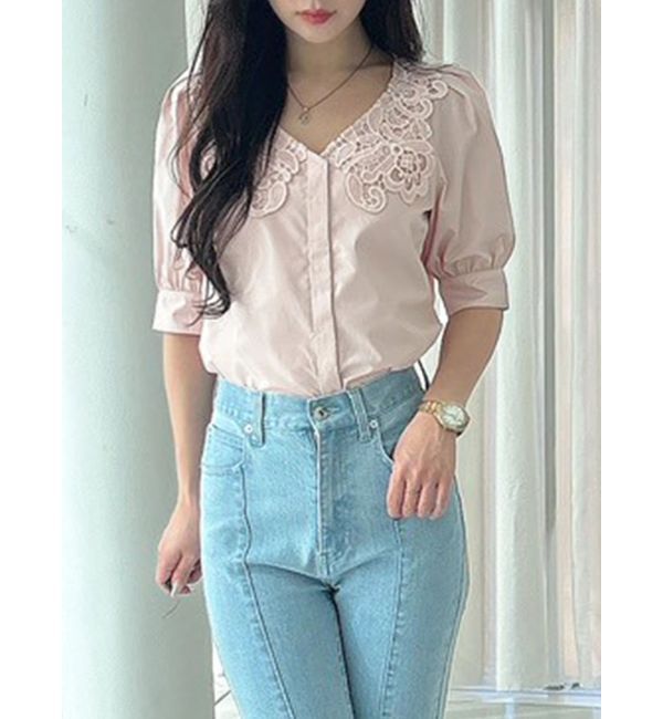 MERCURYDUO「レース衿パワショルブラウス」|シャツ・ブラウス|ピンク