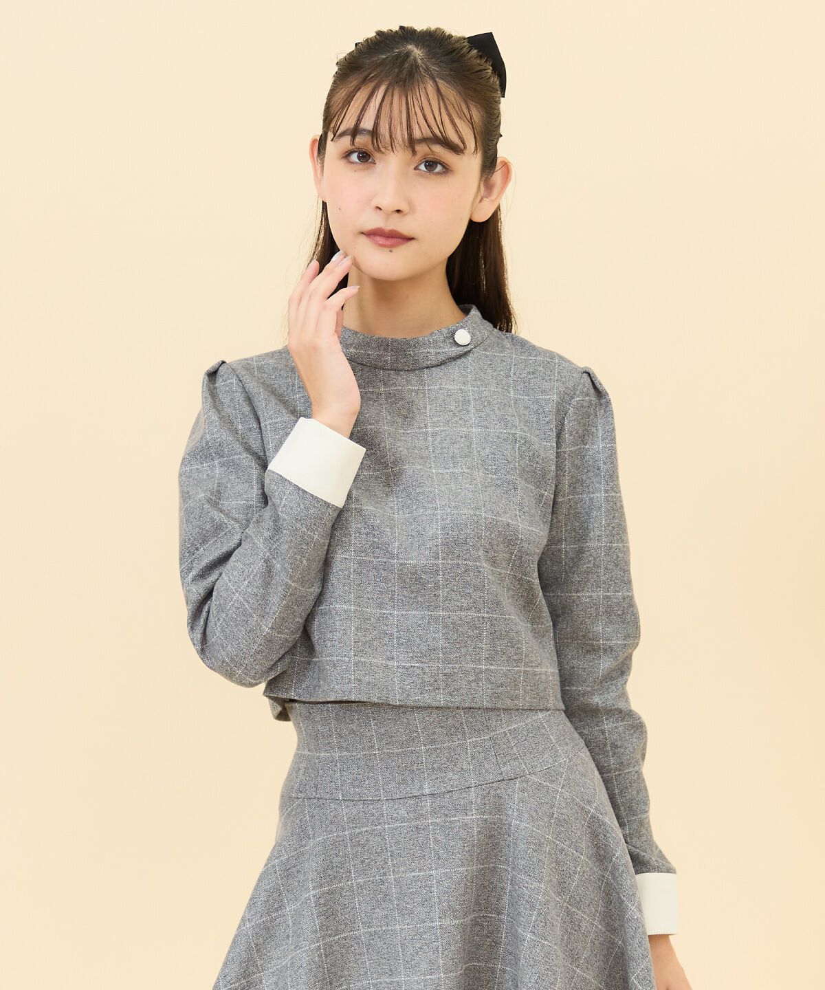 REDYAZEL「バイカラーチェックスタンドトップス」|シャツ・ブラウス|グレー