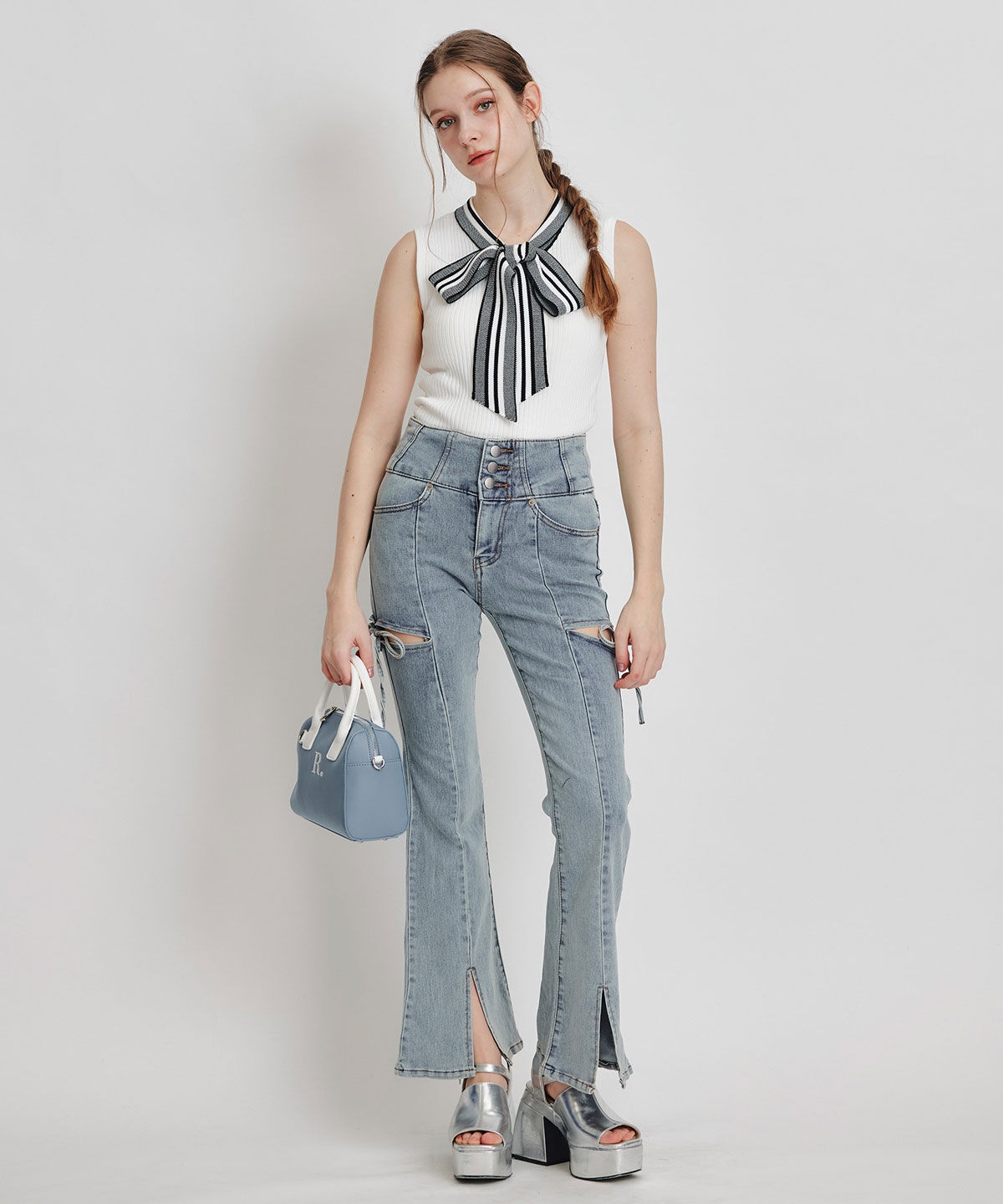 REDYAZEL「ストライプリボンタイリブニットノースリーブ」|ニット・セーター|