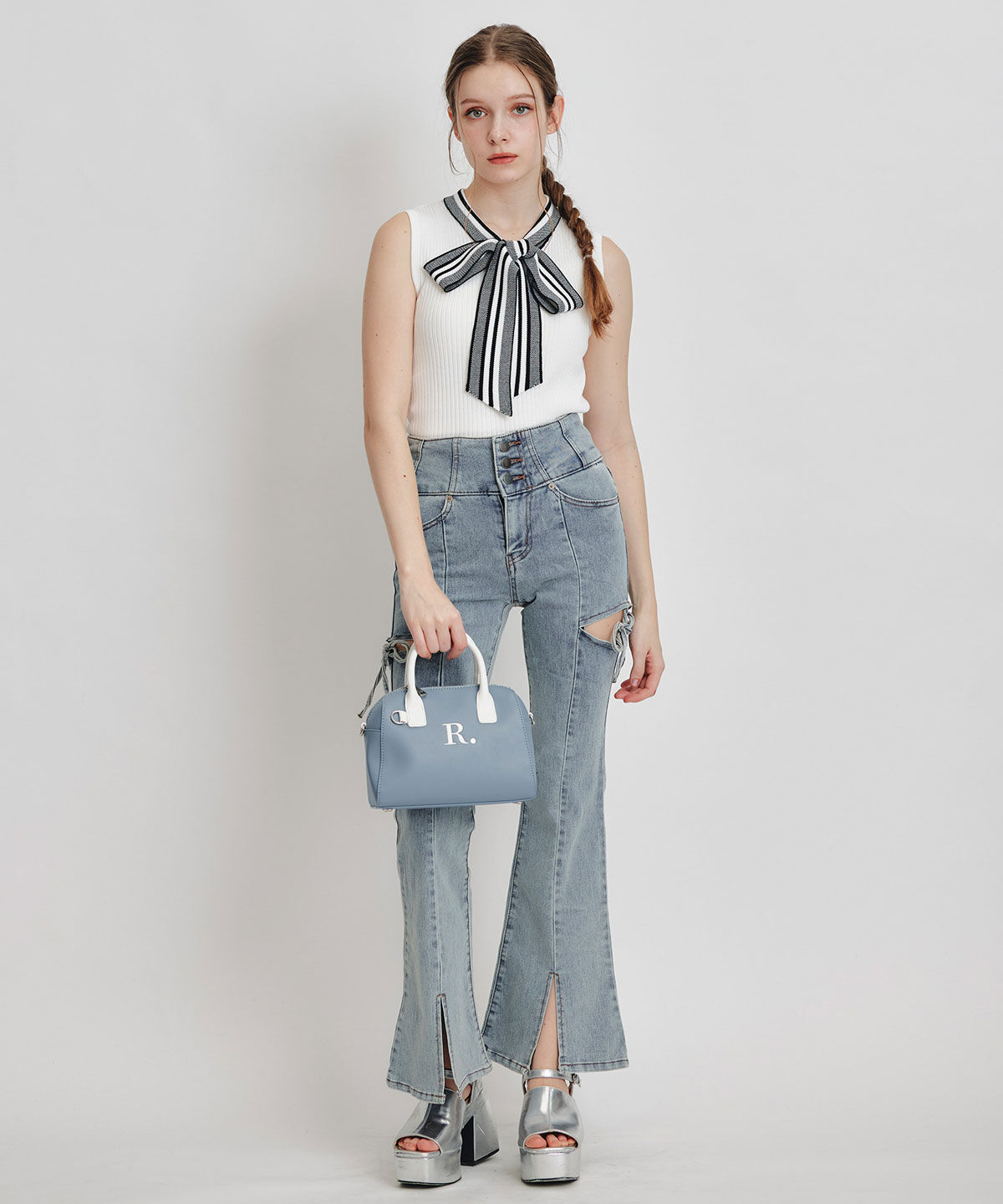 REDYAZEL「ストライプリボンタイリブニットノースリーブ」|ニット・セーター|