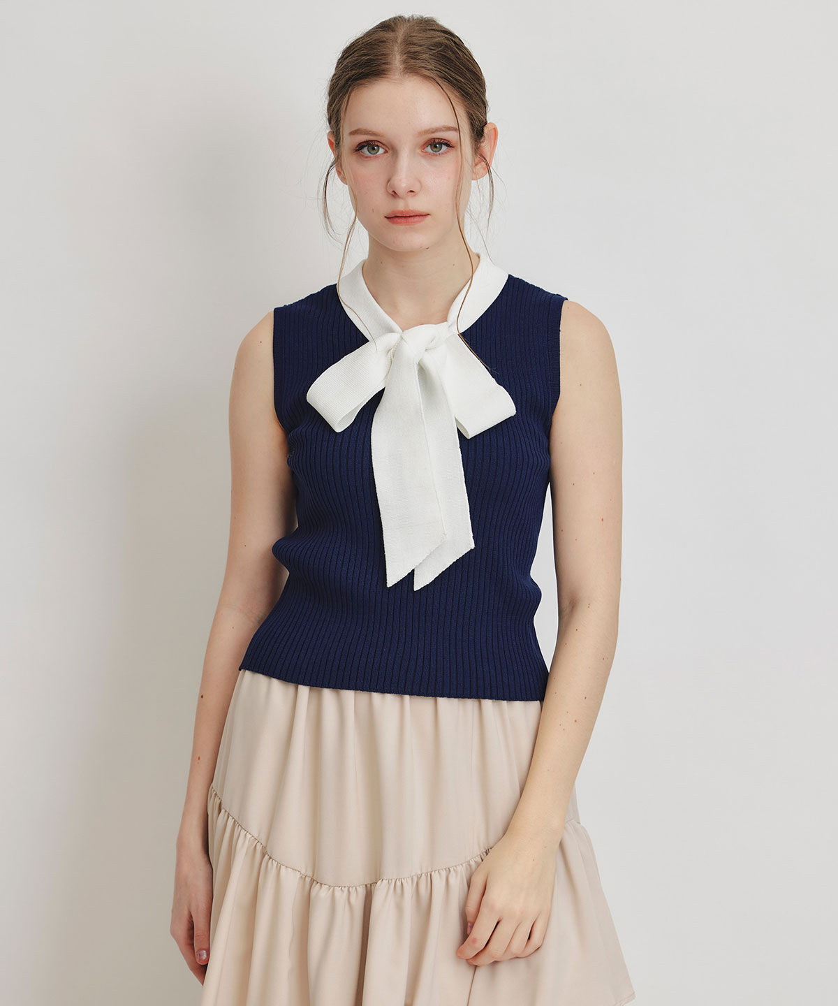 REDYAZEL「ストライプリボンタイリブニットノースリーブ」|ニット・セーター|