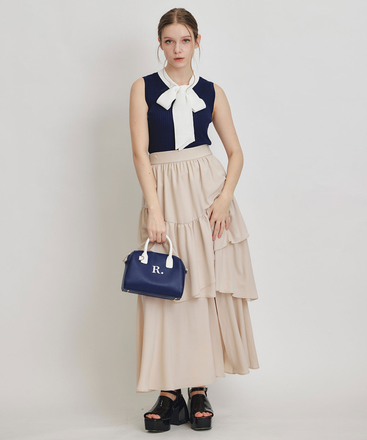 REDYAZEL「ストライプリボンタイリブニットノースリーブ」|ニット・セーター|