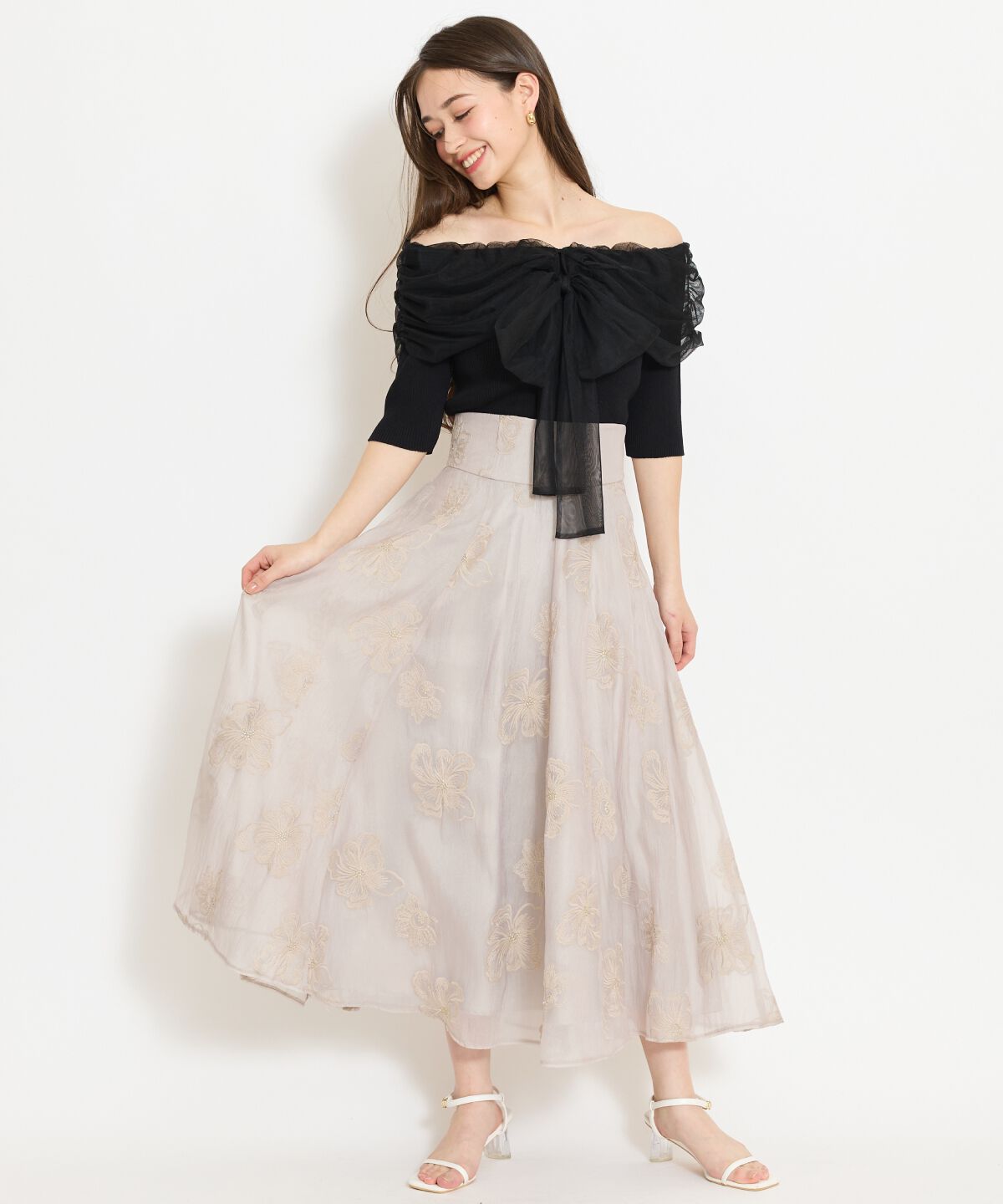 WILLSELECTION「フラワー刺繍シアースカート」|フレア|