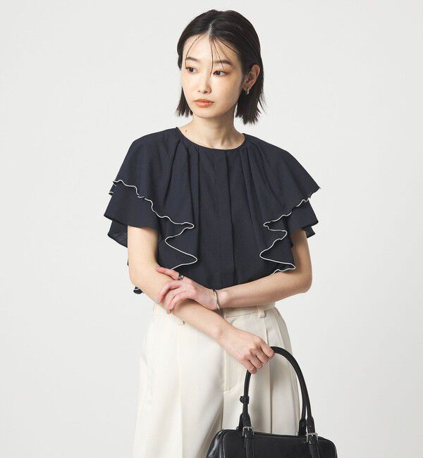 UNITED ARROWS green label relaxing「Breeze Cool  ラッフル ブラウス マシンウォッシャブル 吸水速乾 通気性 UVカット」|シャツ・ブラウス|NAVY