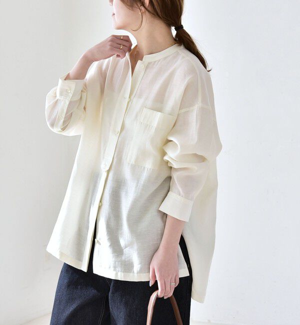 quaranciel「quaranciel:〈洗濯機可能〉リネン ミックス バンドカラー ポケット シャツ」|シャツ・ブラウス|ナチュラル