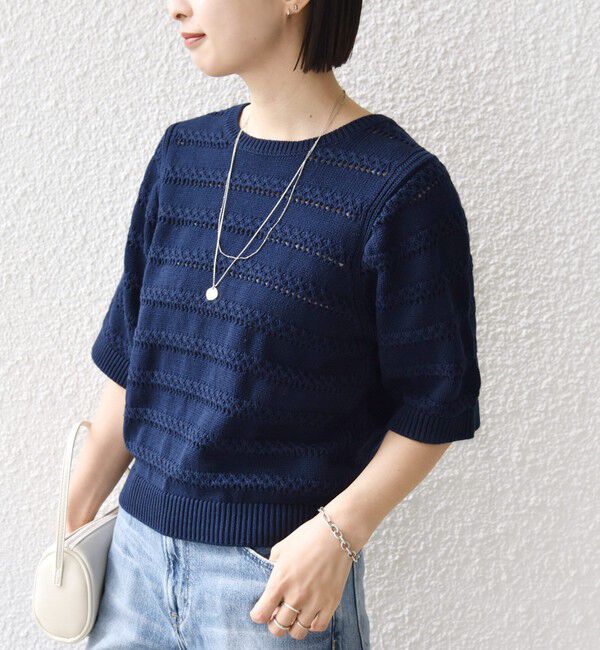 SHIPS for women「〈手洗い可能〉コットン レース柄 ショート スリーブ プルオーバー」|ニット・セーター|