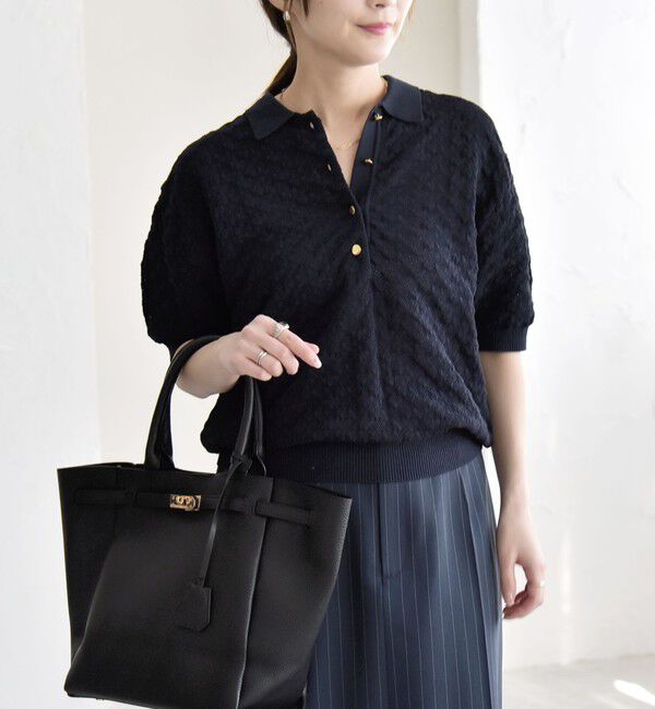 quaranciel「《予約》quaranciel:〈手洗い可能〉透かし編み ポロ ニット プルオーバー」|ニット・セーター|