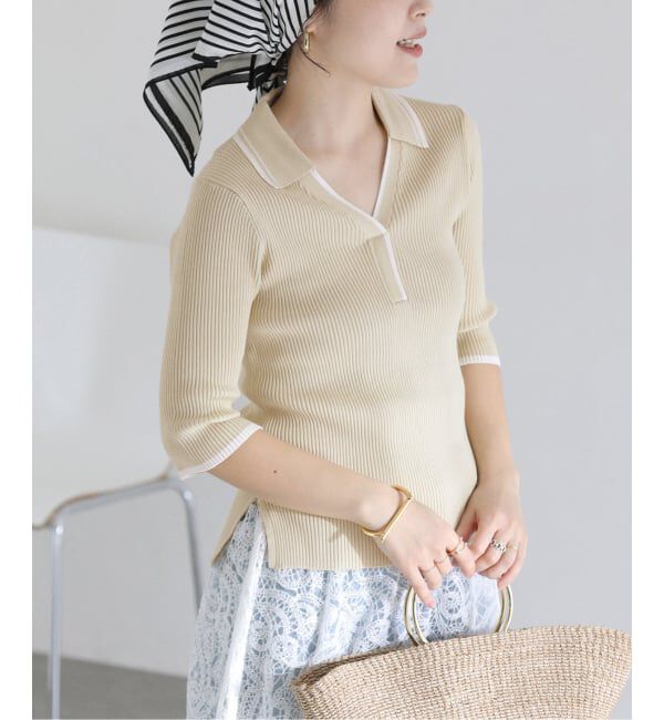  「【洗える】バイカラーポロ襟ニット」|ニット・セーター|