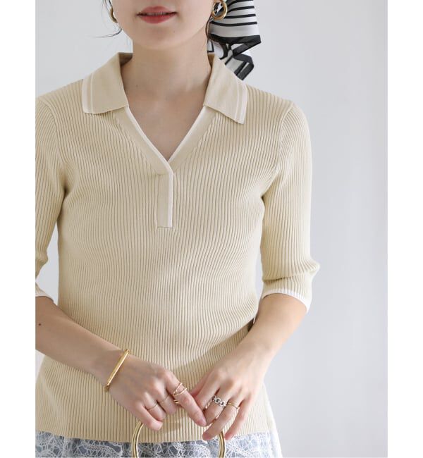  「【洗える】バイカラーポロ襟ニット」|ニット・セーター|