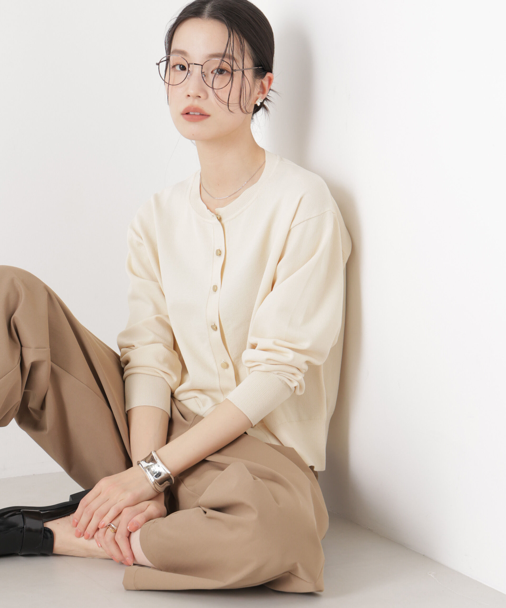 nano･universe「洗濯機洗い可UVカット接触冷感金ボタンクルーカーディガン」|ニット・セーター|