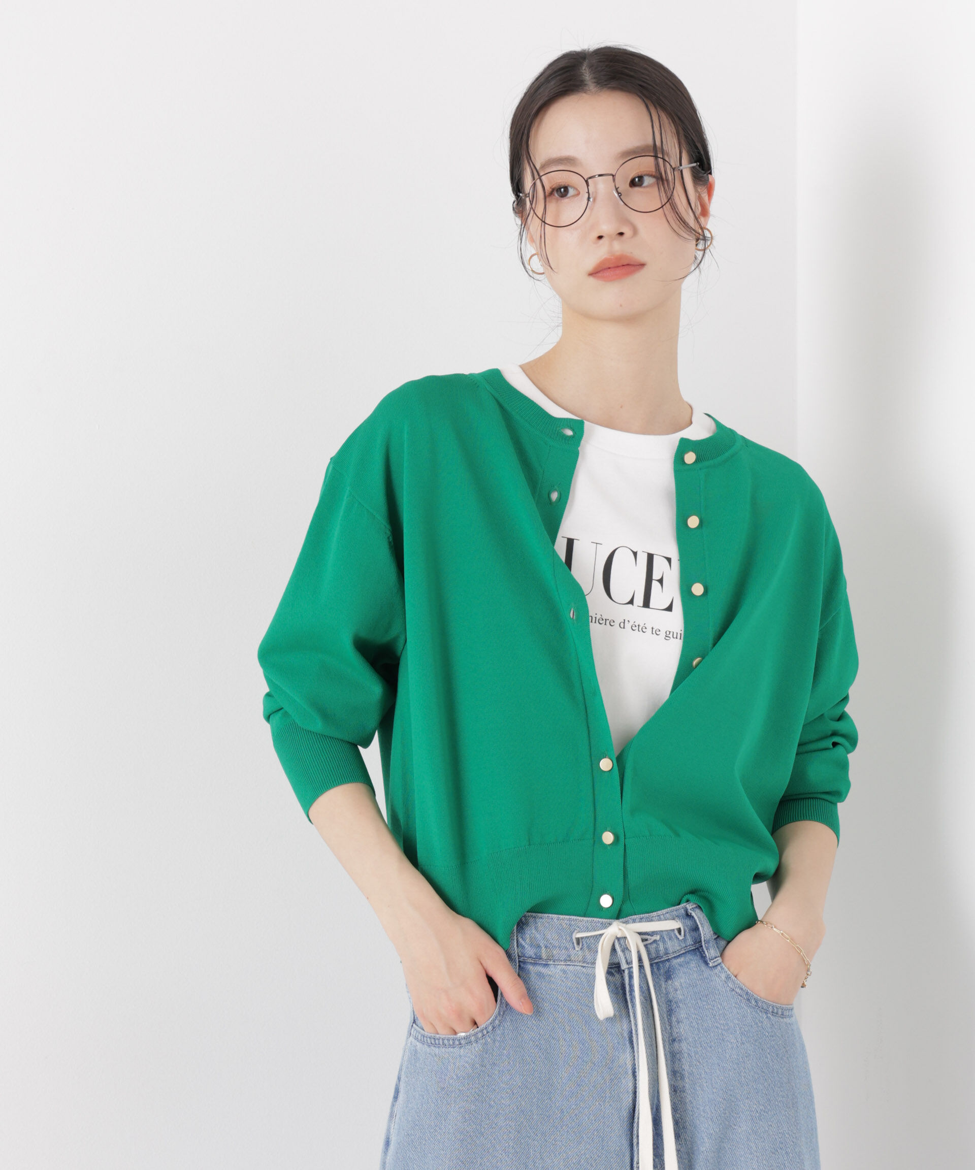 nano･universe「洗濯機洗い可UVカット接触冷感金ボタンクルーカーディガン」|ニット・セーター|グリーン