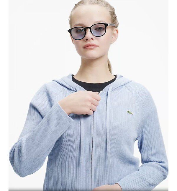 LACOSTE「ランダムピッチリブ ニットジップフーディー」|ニット・セーター|ライトブルー